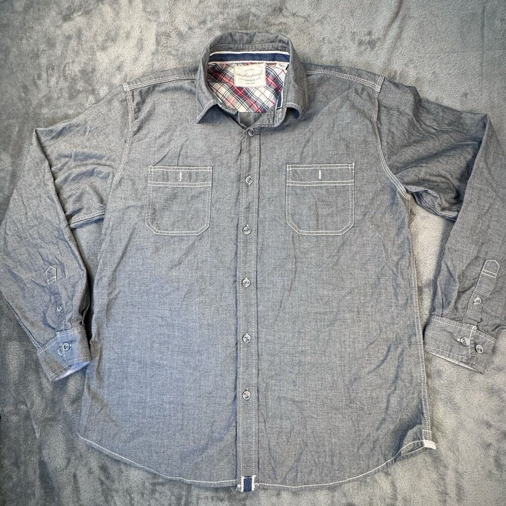 Vintage Weatherproof Men's Button Up Denim Shirt Long Sleeve Blue Size L